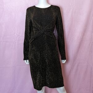 Michael Kors Black and Gold Metallic Long Sleeve Twist Front Knit Sheath Dress